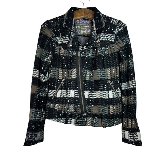 Free People Women’s Plaid Knit Moto Asymmetric Zip Lined Jacket Size 2 - Picture 1 of 11